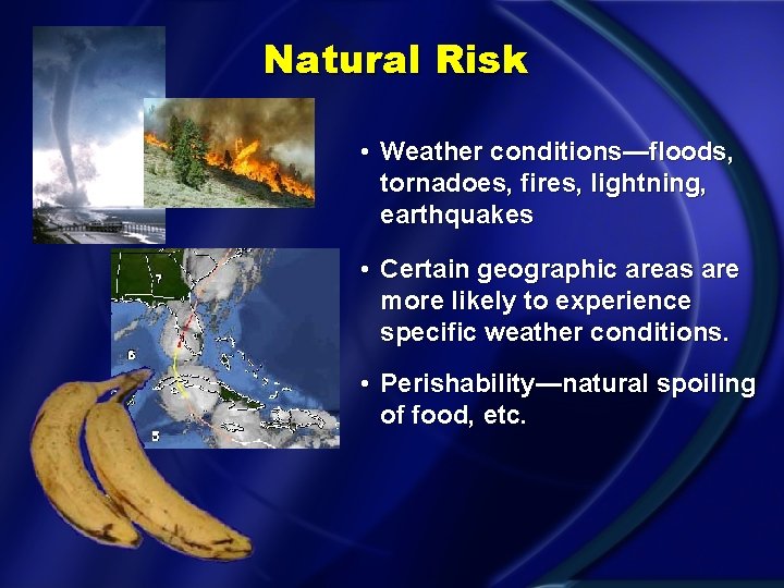 Natural Risk • Weather conditions—floods, tornadoes, fires, lightning, earthquakes • Certain geographic areas are