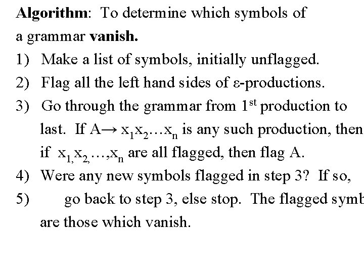 Algorithm: To determine which symbols of a grammar vanish. 1) Make a list of