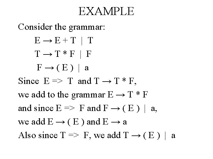 EXAMPLE Consider the grammar: E→E+T | T T→T*F | F F→(E) | a Since