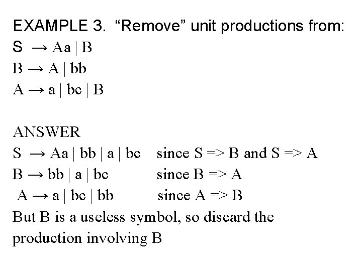 EXAMPLE 3. “Remove” unit productions from: S → Aa | B B → A