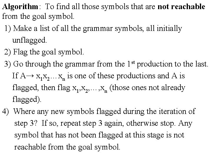Algorithm: To find all those symbols that are not reachable from the goal symbol.