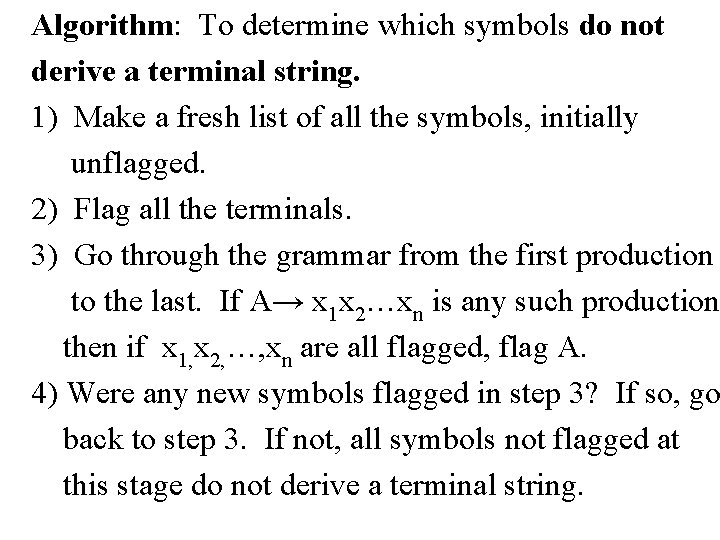 Algorithm: To determine which symbols do not derive a terminal string. 1) Make a