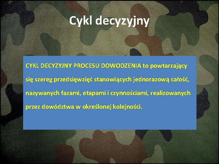 Cykl decyzyjny CYKL DECYZYJNY PROCESU DOWODZENIA to powtarzający się szereg przedsięwzięć stanowiących jednorazową całość,