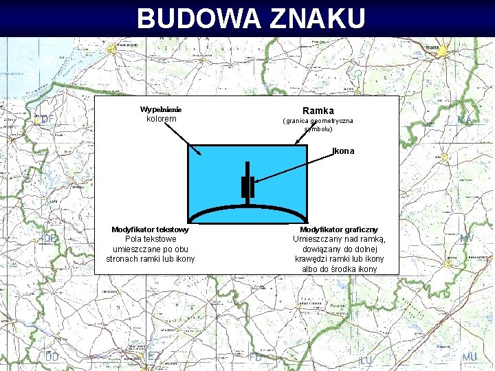 BUDOWA ZNAKU Wypełnienie kolorem Ramka (granica geometryczna symbolu) Ikona Modyfikator tekstowy Modyfikator graficzny Pola