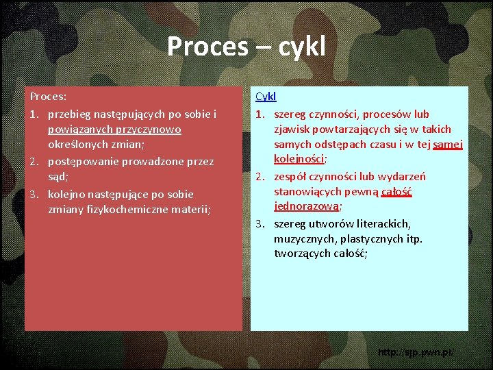 Proces – cykl Proces: 1. przebieg następujących po sobie i powiązanych przyczynowo określonych zmian;