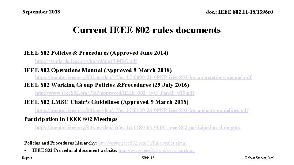 September 2018 doc. : IEEE 802. 11 -18/1396 r 0 Current IEEE 802 rules