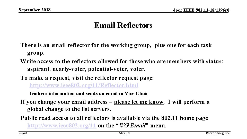 September 2018 doc. : IEEE 802. 11 -18/1396 r 0 Email Reflectors There is