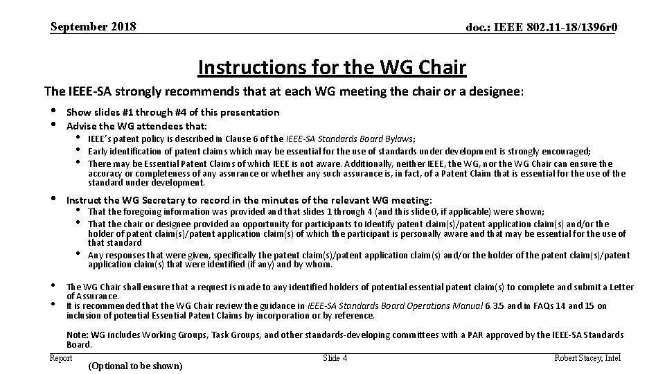 September 2018 doc. : IEEE 802. 11 -18/1396 r 0 Instructions for the WG