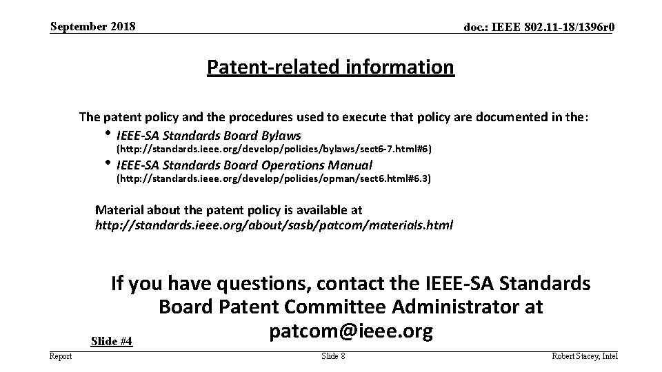 September 2018 doc. : IEEE 802. 11 -18/1396 r 0 Patent-related information The patent