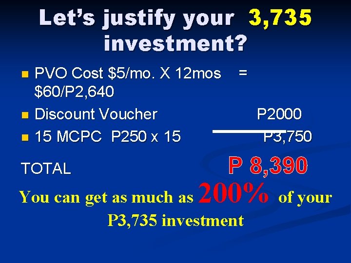 Let’s justify your 3, 735 investment? PVO Cost $5/mo. X 12 mos $60/P 2,