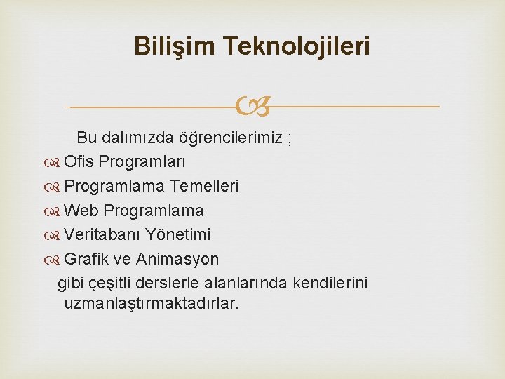 Bilişim Teknolojileri Bu dalımızda öğrencilerimiz ; Ofis Programları Programlama Temelleri Web Programlama Veritabanı Yönetimi