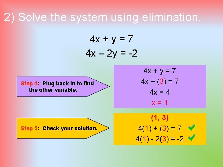 2) Solve the system using elimination. 4 x + y = 7 4 x