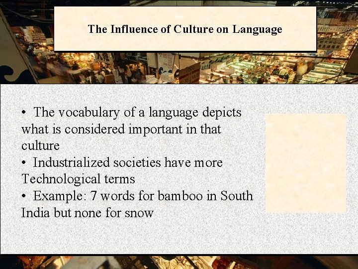 The Influence of Culture on Language • The vocabulary of a language depicts what