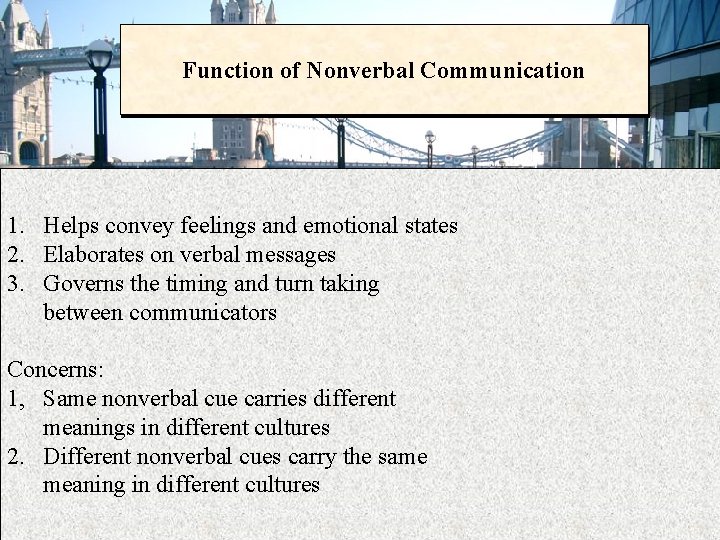 Function of Nonverbal Communication 1. Helps convey feelings and emotional states 2. Elaborates on