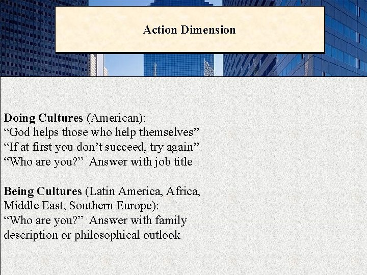 Action Dimension Doing Cultures (American): “God helps those who help themselves” “If at first