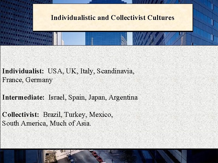 Individualistic and Collectivist Cultures Individualist: USA, UK, Italy, Scandinavia, France, Germany Intermediate: Israel, Spain,