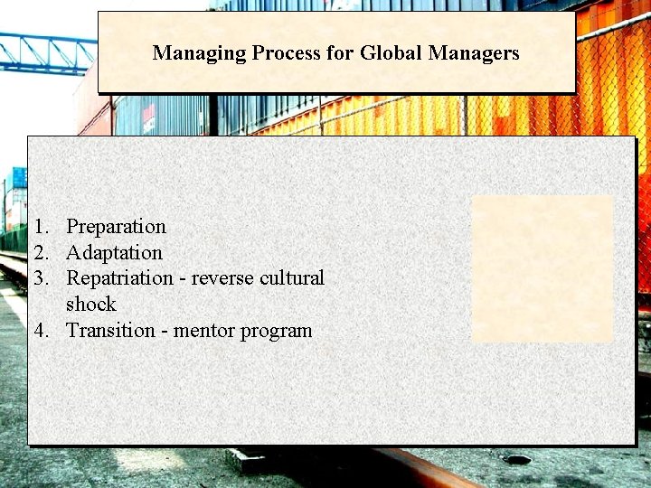 Managing Process for Global Managers 1. Preparation 2. Adaptation 3. Repatriation - reverse cultural