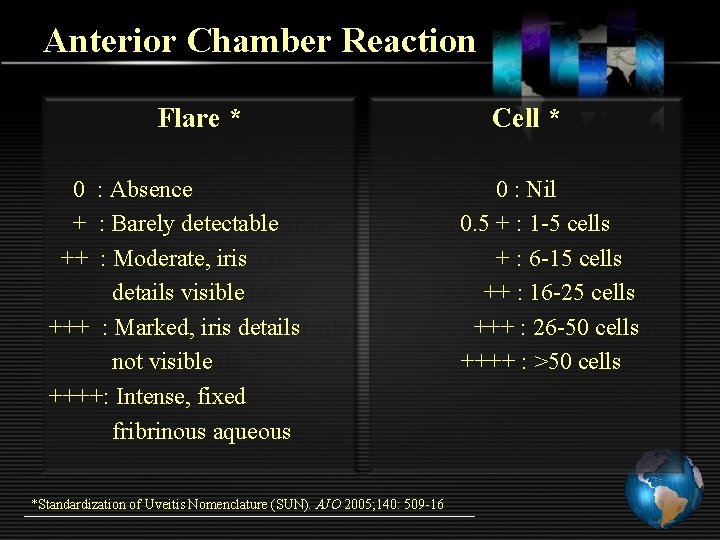 Anterior Chamber Reaction Flare * 0 : Absence + : Barely detectable ++ :