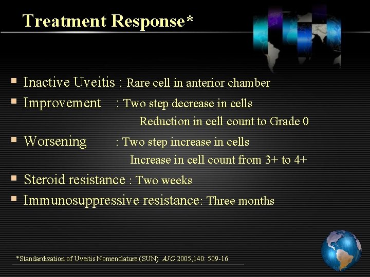 Treatment Response* § Inactive Uveitis : Rare cell in anterior chamber § Improvement :