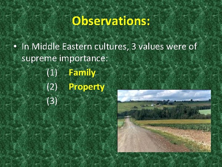 Observations: • In Middle Eastern cultures, 3 values were of supreme importance: (1) Family