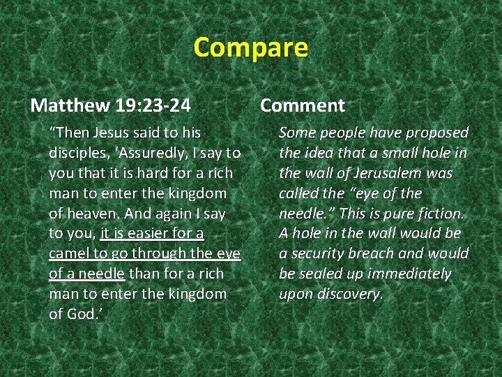 Compare Matthew 19: 23 -24 “Then Jesus said to his disciples, ‘Assuredly, I say