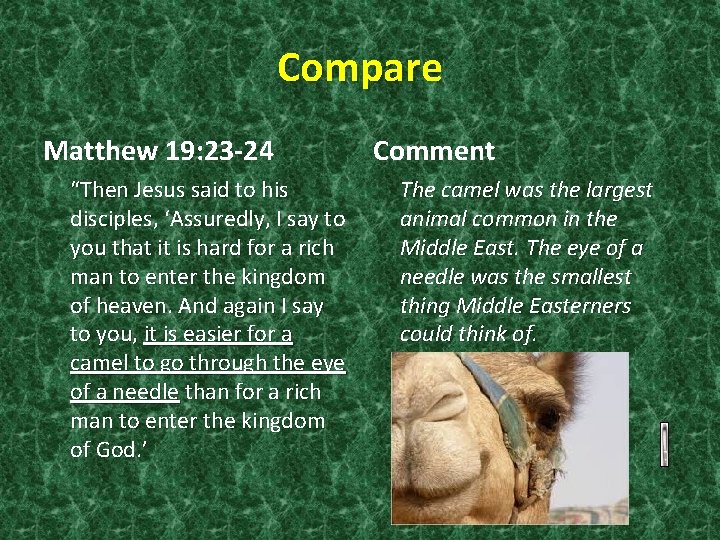 Compare Matthew 19: 23 -24 “Then Jesus said to his disciples, ‘Assuredly, I say