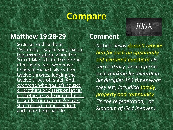 Compare Matthew 19: 28 -29 So Jesus said to them, ‘Assuredly I say to