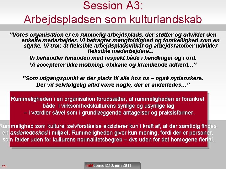 Session A 3: Arbejdspladsen som kulturlandskab ”Vores organisation er en rummelig arbejdsplads, der støtter