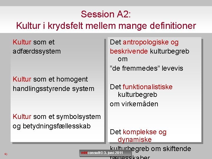 Session A 2: Kultur i krydsfelt mellem mange definitioner Kultur som et adfærdssystem Det