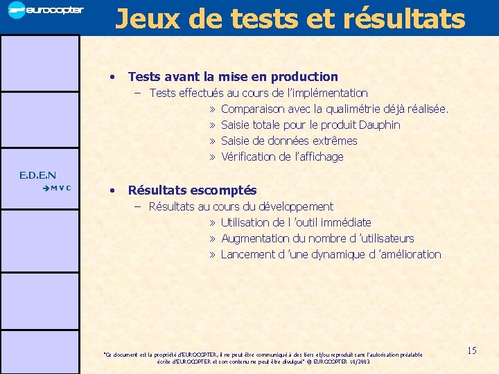 Jeux de tests et résultats • Tests avant la mise en production – Tests