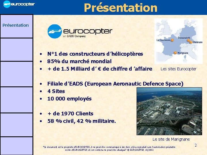 Présentation • • • N° 1 des constructeurs d’hélicoptères 85% du marché mondial +