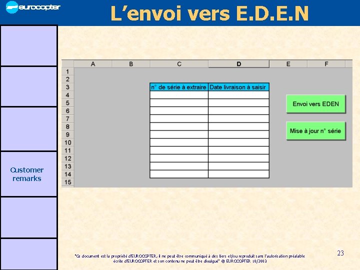 L’envoi vers E. D. E. N Customer remarks "Ce document est la propriété d'EUROCOPTER,