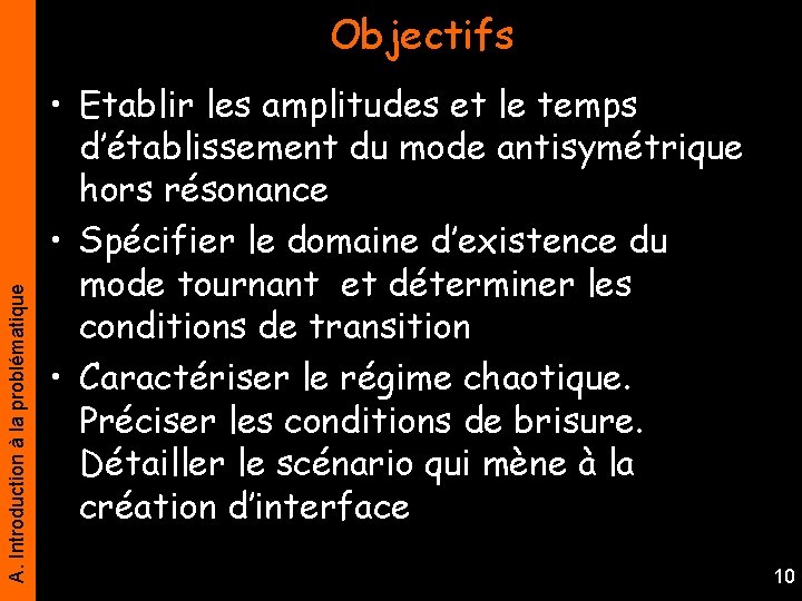 A. Introduction à la problématique Objectifs • Etablir les amplitudes et le temps d’établissement