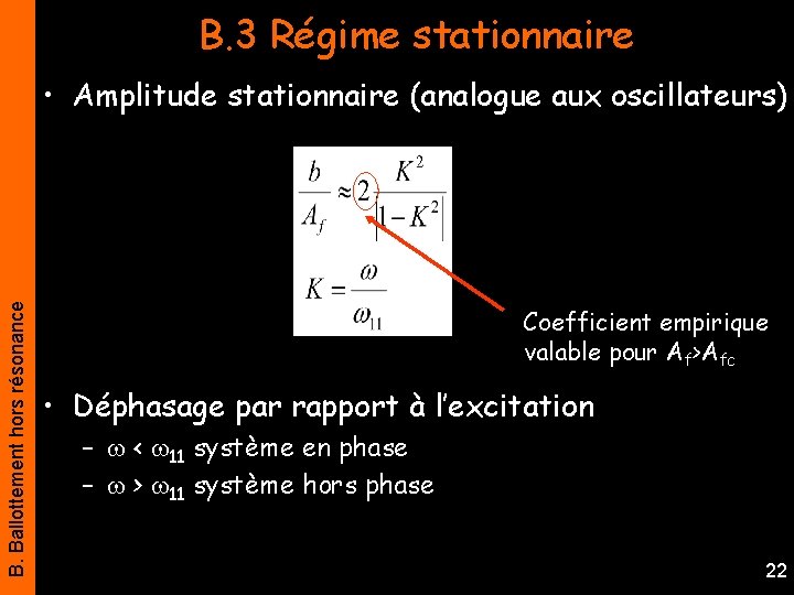 B. 3 Régime stationnaire B. Ballottement hors résonance • Amplitude stationnaire (analogue aux oscillateurs)