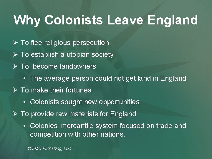 Why Colonists Leave England Ø To flee religious persecution Ø To establish a utopian