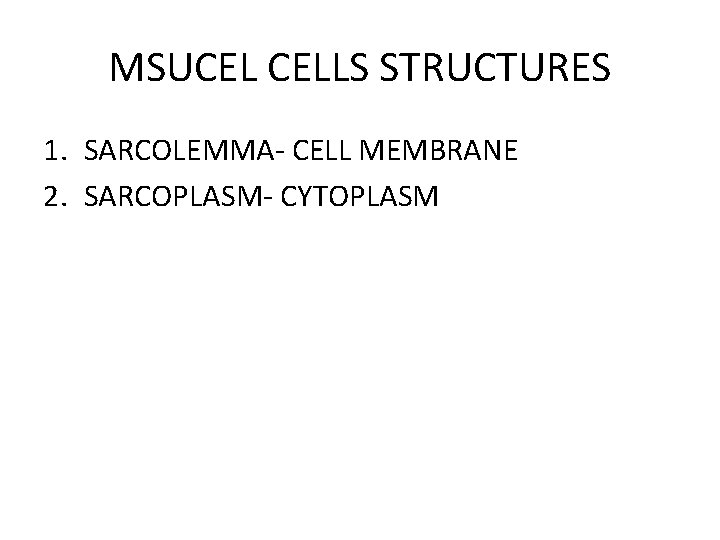 MSUCEL CELLS STRUCTURES 1. SARCOLEMMA- CELL MEMBRANE 2. SARCOPLASM- CYTOPLASM 