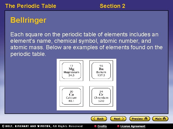 The Periodic Table Section 2 Bellringer Each square on the periodic table of elements