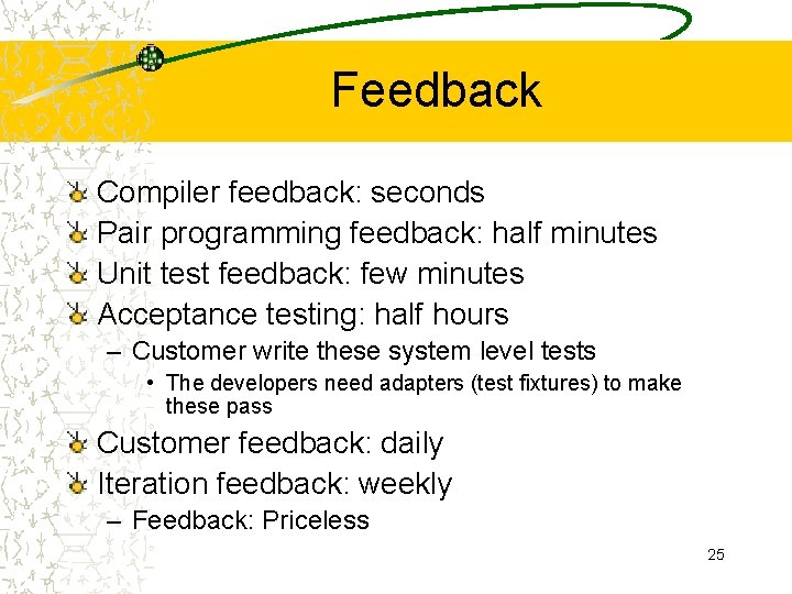 Feedback Compiler feedback: seconds Pair programming feedback: half minutes Unit test feedback: few minutes