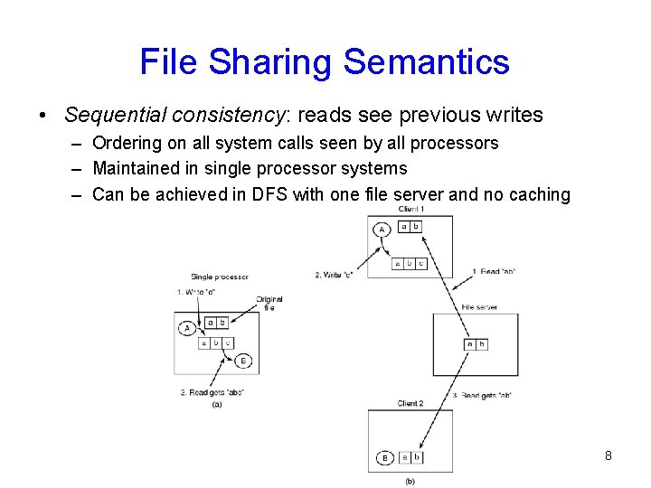 File Sharing Semantics • Sequential consistency: reads see previous writes – Ordering on all