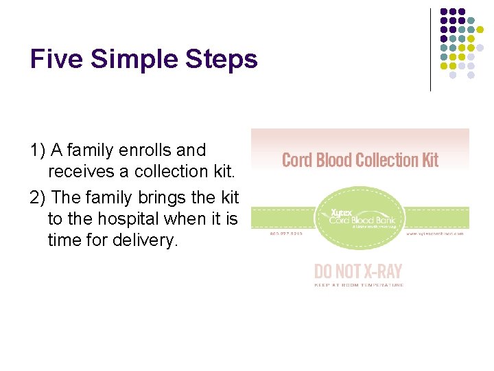 Five Simple Steps 1) A family enrolls and receives a collection kit. 2) The