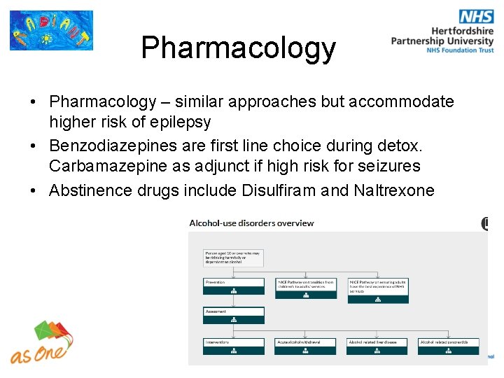 Pharmacology • Pharmacology – similar approaches but accommodate higher risk of epilepsy • Benzodiazepines