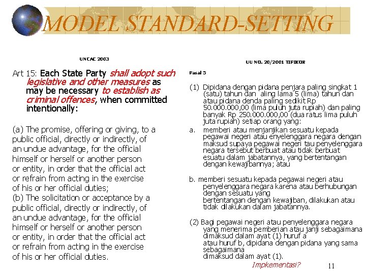 MODEL STANDARD-SETTING UNCAC 2003 Art 15: Each State Party shall adopt such legislative and