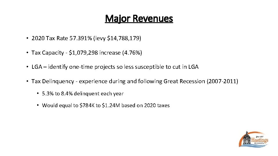 Major Revenues • 2020 Tax Rate 57. 391% (levy $14, 788, 179) • Tax