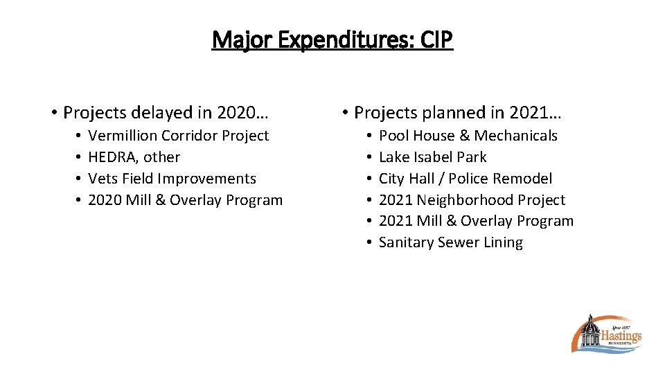 Major Expenditures: CIP • Projects delayed in 2020… • • Vermillion Corridor Project HEDRA,