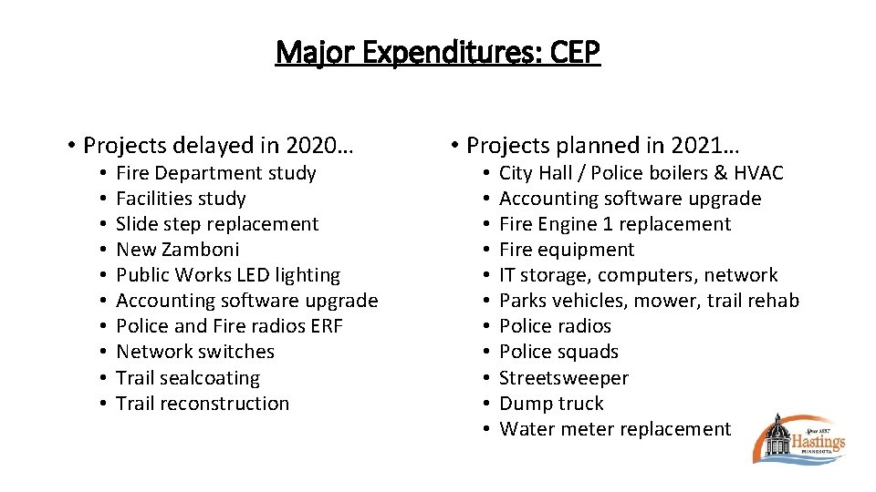 Major Expenditures: CEP • Projects delayed in 2020… • • • Fire Department study