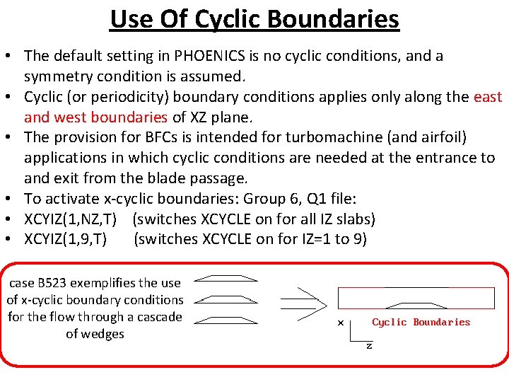 Use Of Cyclic Boundaries • The default setting in PHOENICS is no cyclic conditions,