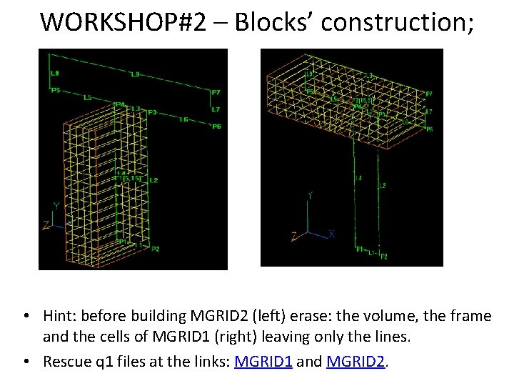 WORKSHOP#2 – Blocks’ construction; • Hint: before building MGRID 2 (left) erase: the volume,