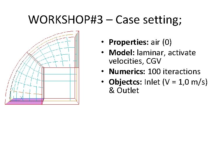 WORKSHOP#3 – Case setting; • Properties: air (0) • Model: laminar, activate velocities, CGV