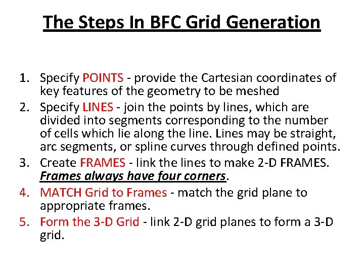 The Steps In BFC Grid Generation 1. Specify POINTS - provide the Cartesian coordinates