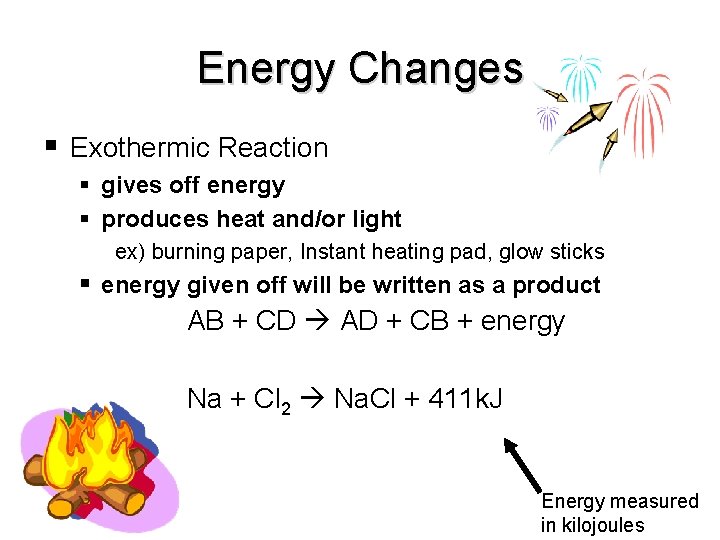 Energy Changes Exothermic Reaction gives off energy produces heat and/or light ex) burning paper,